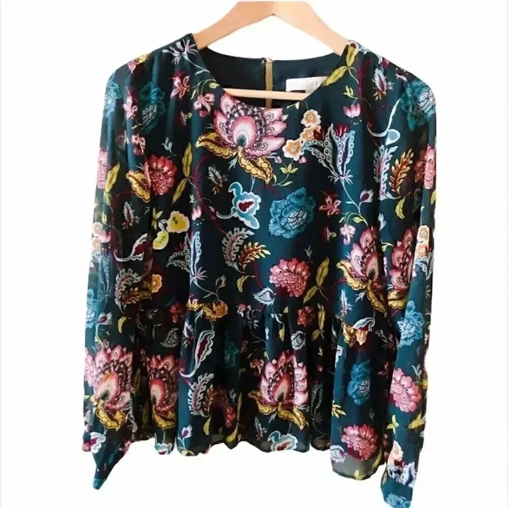 LOFT Floral Peplum Hem Long Sleeves Blouse SZ XS